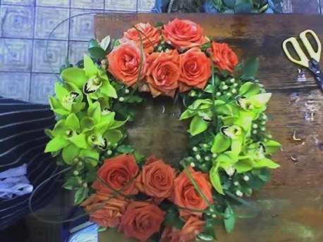 Green Orchid and Orange Rose Wreath