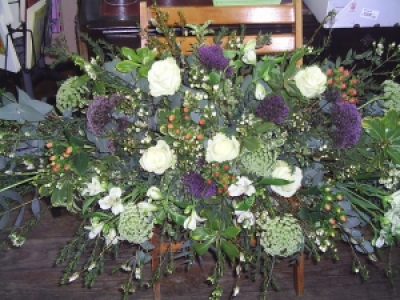 Blue Ocean Mantle piece - Front facing mantle piece arrangement, Flowers and colours to requirement